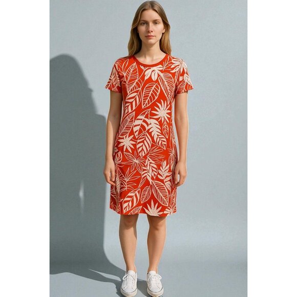Old Navy Women’s Small Red White Tropical Leaf Print T-Shirt Dress NEW Beach - Picture 1 of 8
